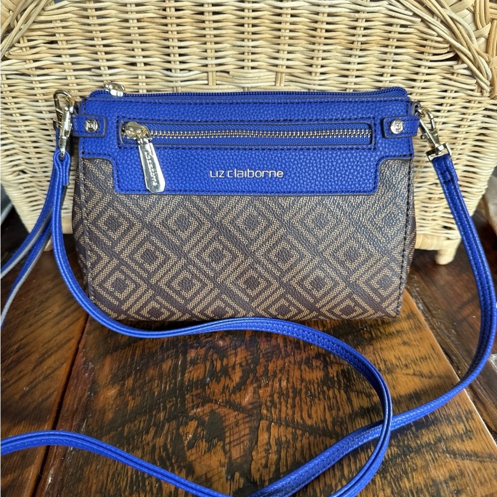 Liz Claiborne Elly Purple and Brown Crossbody/Wristlet Bag with Geometric Design
